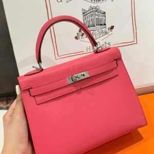 Túi Xách Nữ Hermes Kelly Like Auth Màu Hồng Đậm Khoá Trắng 25cm (2)