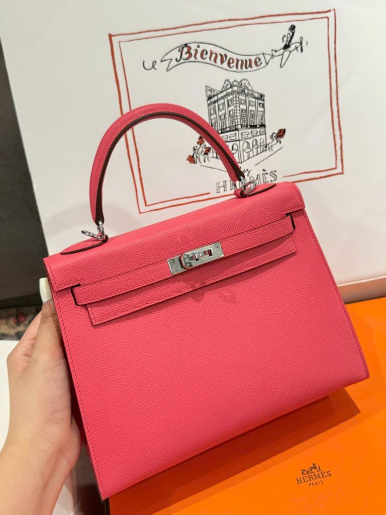 Túi Xách Nữ Hermes Kelly Like Auth Màu Hồng Đậm Khoá Trắng 25cm (2)