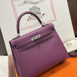 Túi Xách Nữ Hermes Kelly Like Auth Màu Tím Khoá Bạc 25cm (2)