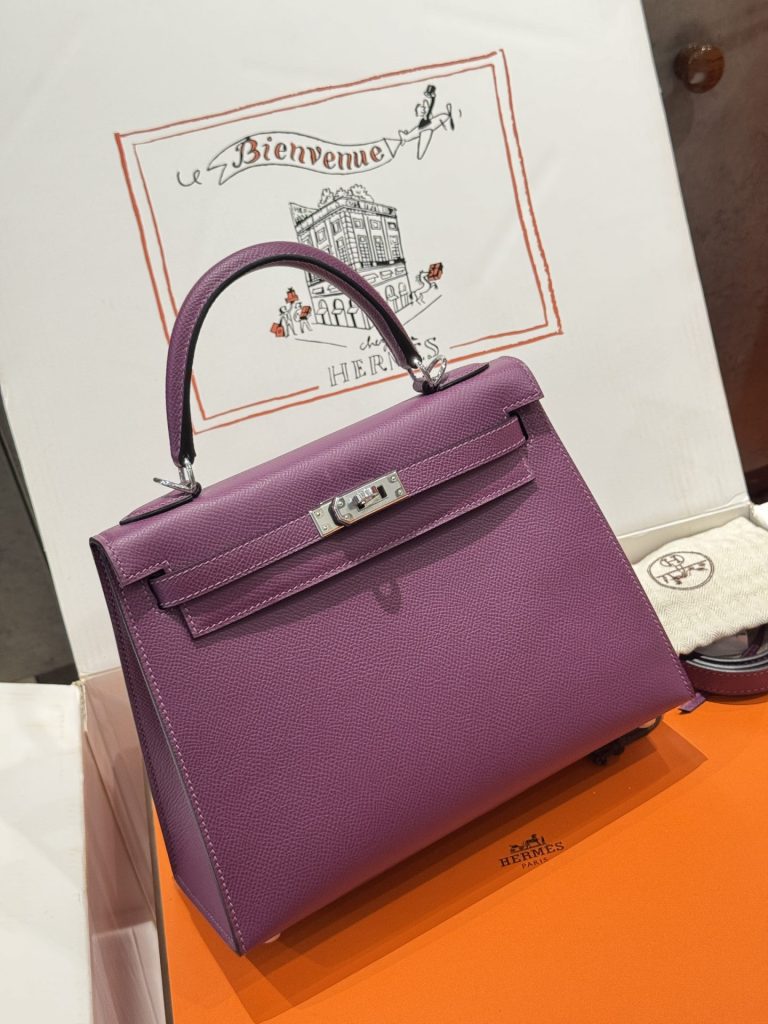 Túi Xách Nữ Hermes Kelly Like Auth Màu Tím Khoá Bạc 25cm (2)