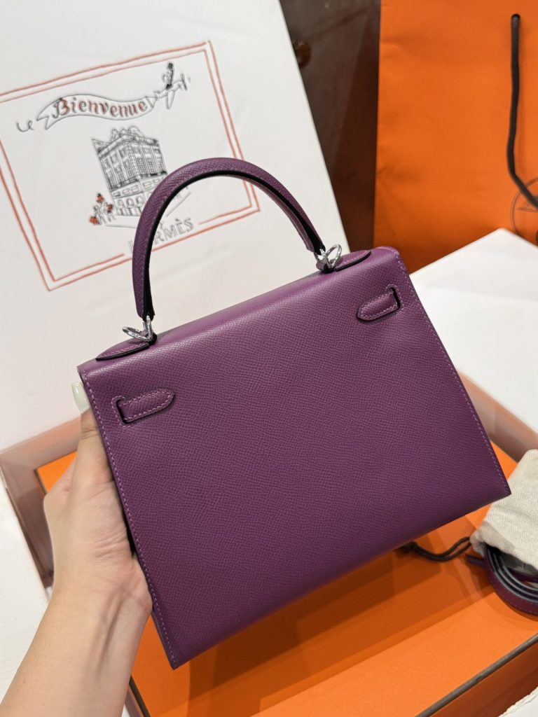 Túi Xách Nữ Hermes Kelly Like Auth Màu Tím Khoá Bạc 25cm (2)