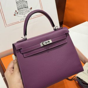 Túi Xách Nữ Hermes Kelly Like Auth Màu Tím Khoá Bạc 25cm (2)