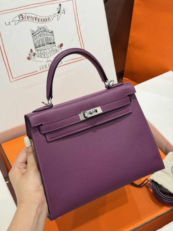 Túi Xách Nữ Hermes Kelly Like Auth Màu Tím Khoá Bạc 25cm (2)