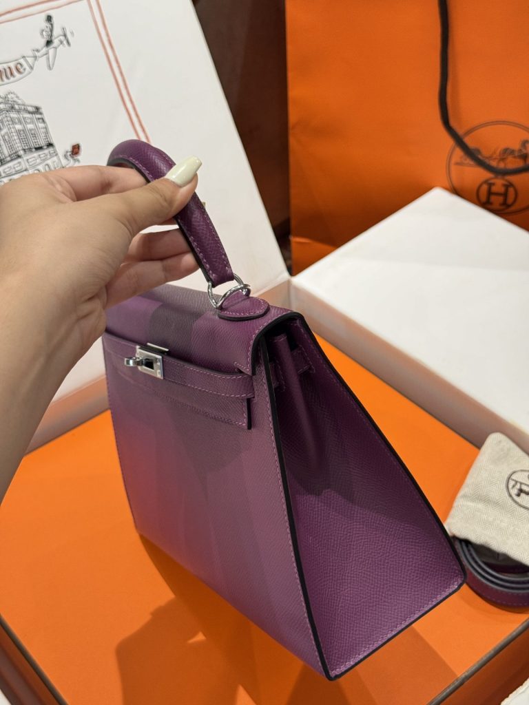 Túi Xách Nữ Hermes Kelly Like Auth Màu Tím Khoá Bạc 25cm (2)