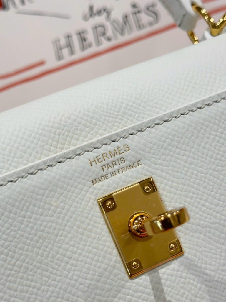 Túi Xách Nữ Hermes Kelly Rep 11 Cao Cấp Màu Trắng Khoá Vàng 25cm (2)