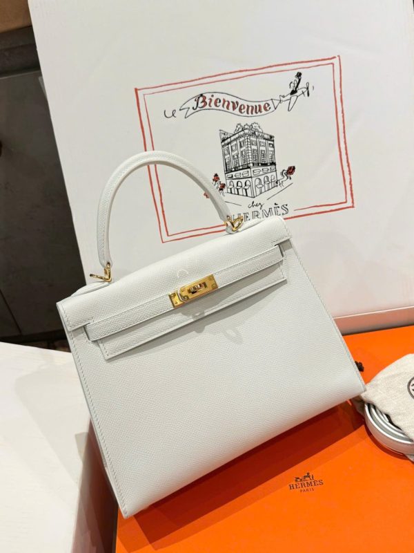 Túi Xách Nữ Hermes Kelly Rep 11 Cao Cấp Màu Trắng Khoá Vàng 25cm (2)