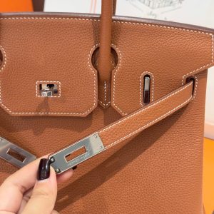 Túi Xách Nữ Like Auth Hermes Birkin Màu Nâu Khoá Trắng 30cm (2)