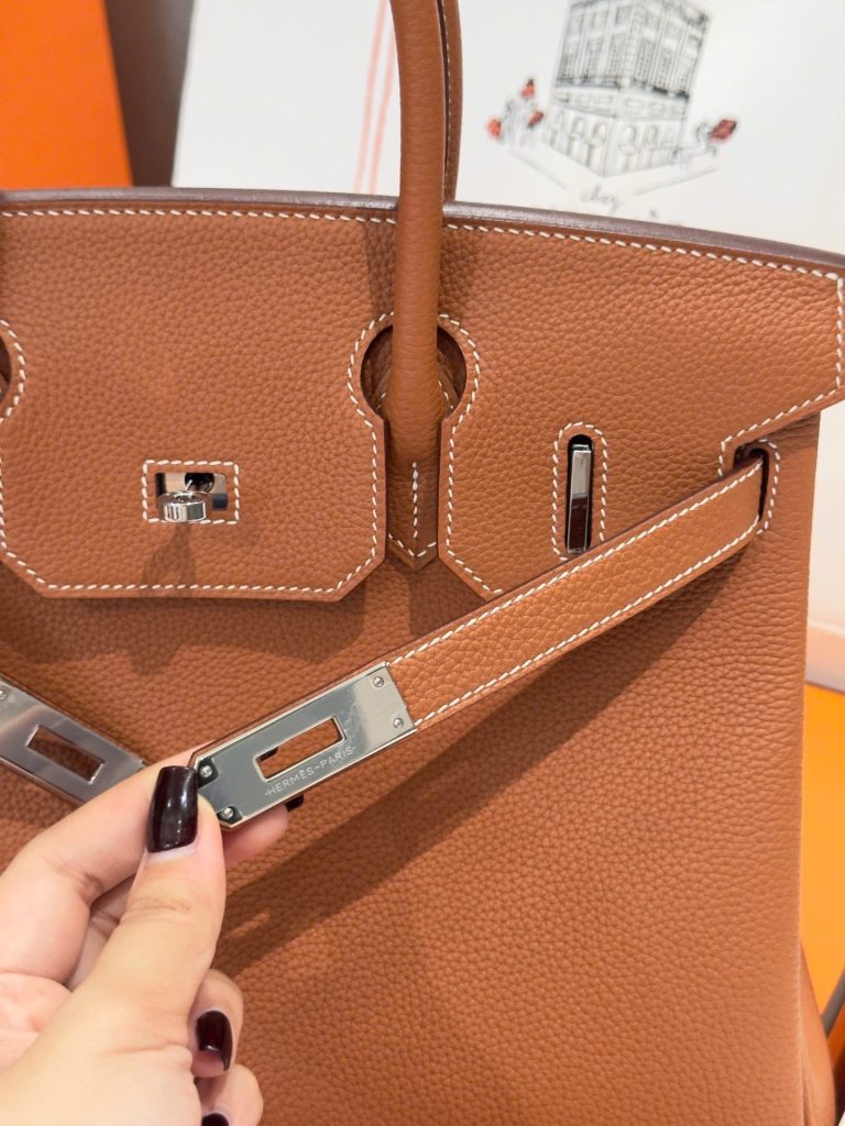 Túi Xách Nữ Like Auth Hermes Birkin Màu Nâu Khoá Trắng 30cm (2)