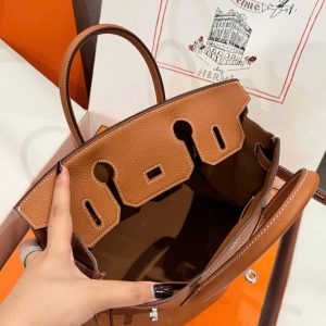 Túi Xách Nữ Like Auth Hermes Birkin Màu Nâu Khoá Trắng 30cm (2)