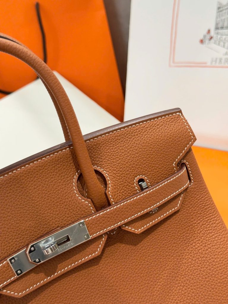 Túi Xách Nữ Like Auth Hermes Birkin Màu Nâu Khoá Trắng 30cm (2)