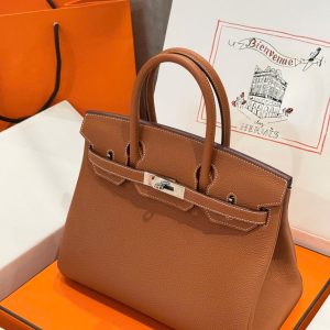 Túi Xách Nữ Like Auth Hermes Birkin Màu Nâu Khoá Trắng 30cm (2)