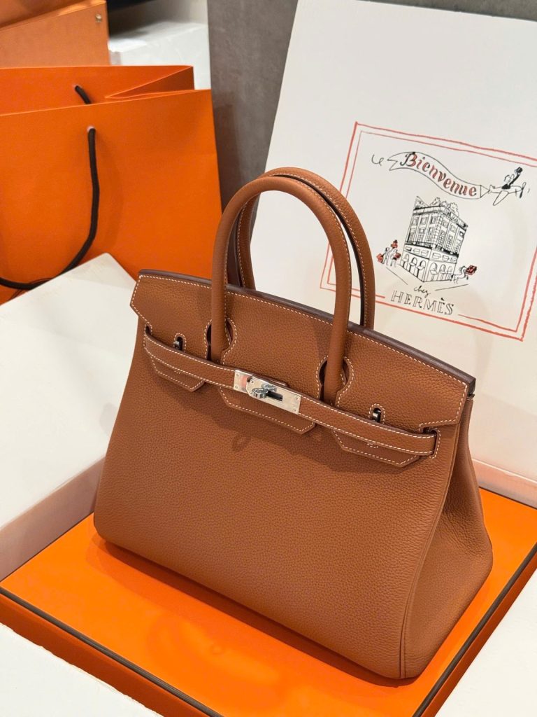 Túi Xách Nữ Like Auth Hermes Birkin Màu Nâu Khoá Trắng 30cm (2)