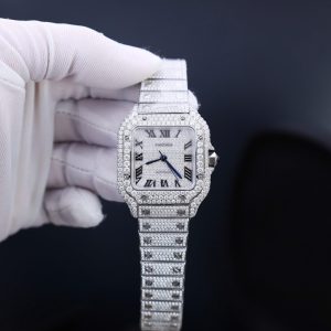 Đồng Hồ Chế Tác Cartier Santos Đính Full Kim Cương Moissanite Hong Kong 35mm (2)