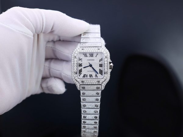 Đồng Hồ Chế Tác Cartier Santos Đính Full Kim Cương Moissanite Hong Kong 35mm (2)