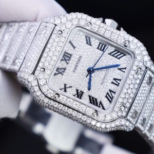 Đồng Hồ Chế Tác Cartier Santos Đính Full Kim Cương Moissanite Hong Kong 35mm (2)