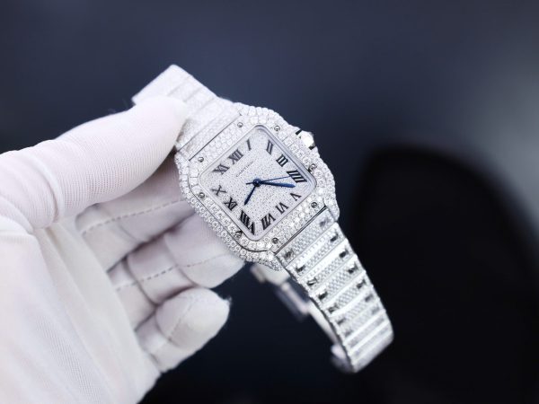 Đồng Hồ Chế Tác Cartier Santos Đính Full Kim Cương Moissanite Hong Kong 35mm (2)