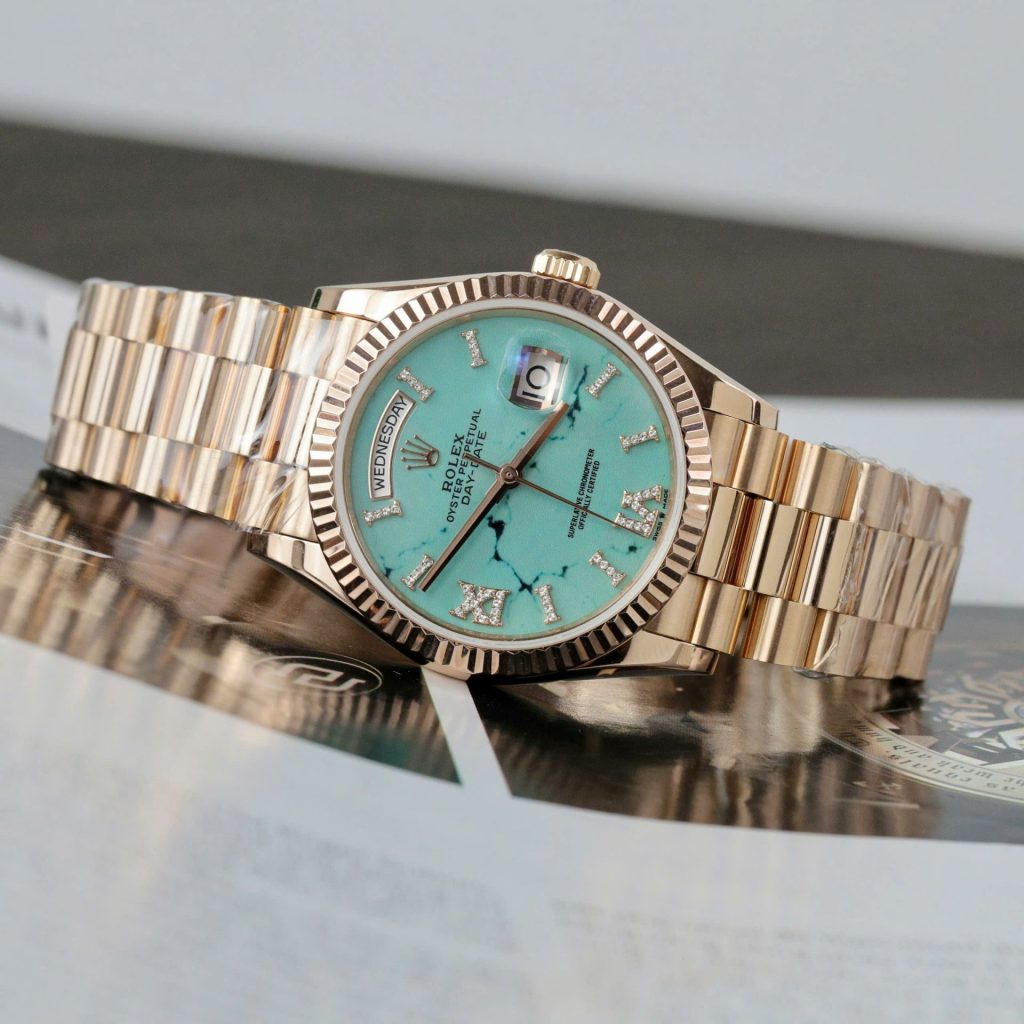 Đồng Hồ Rolex Chế Tác Day-Date 128238 Mặt Số Turquoise Bọc Vàng Thật 36mm (2)