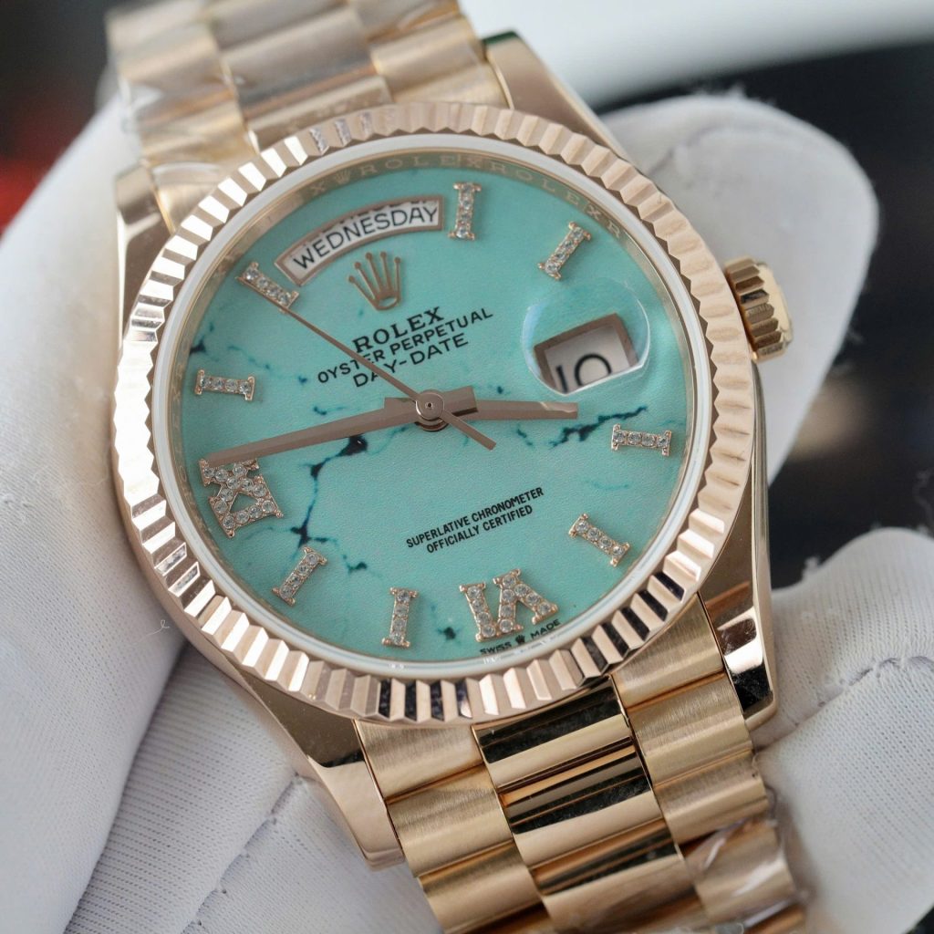 Đồng Hồ Rolex Chế Tác Day-Date 128238 Mặt Số Turquoise Bọc Vàng Thật 36mm (2)