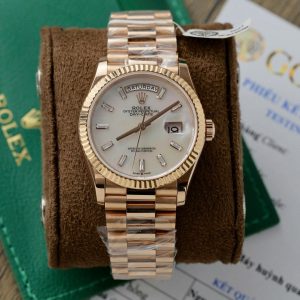 Đồng Hồ Rolex Day-Date Chế Tác Bọc Vàng Thật Mặt Khảm Xà Cừ Cọc Số Đá Baguette 36mm (2)