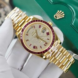 Đồng Hồ Rolex Day-Date Độ Ruby Đỏ + Kim Cương Moissanite Bọc Vàng Thật GMF 40mm (2)