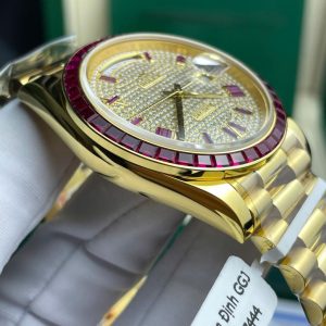 Đồng Hồ Rolex Day-Date Độ Ruby Đỏ + Kim Cương Moissanite Bọc Vàng Thật GMF 40mm (2)