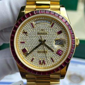 Đồng Hồ Rolex Day-Date Độ Ruby Đỏ + Kim Cương Moissanite Bọc Vàng Thật GMF 40mm (2)