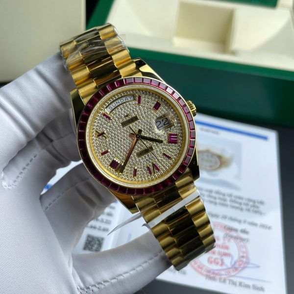 Đồng Hồ Rolex Day-Date Độ Ruby Đỏ + Kim Cương Moissanite Bọc Vàng Thật GMF 40mm (2)