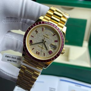 Đồng Hồ Rolex Day-Date Độ Ruby Đỏ + Kim Cương Moissanite Bọc Vàng Thật GMF 40mm (2)