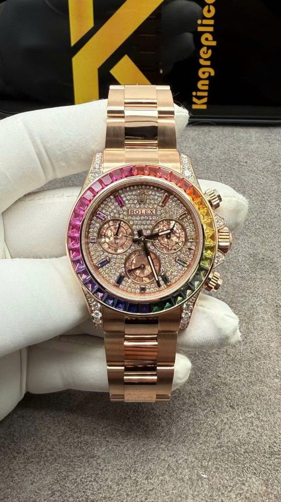 Đồng Hồ Rolex Daytona Rainbow Chế Tác Vàng Khối Đính Kim Cương Tự Nhiên 40mm (1)