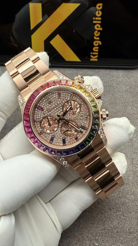 Đồng Hồ Rolex Daytona Rainbow Chế Tác Vàng Khối Đính Kim Cương Tự Nhiên 40mm (1)