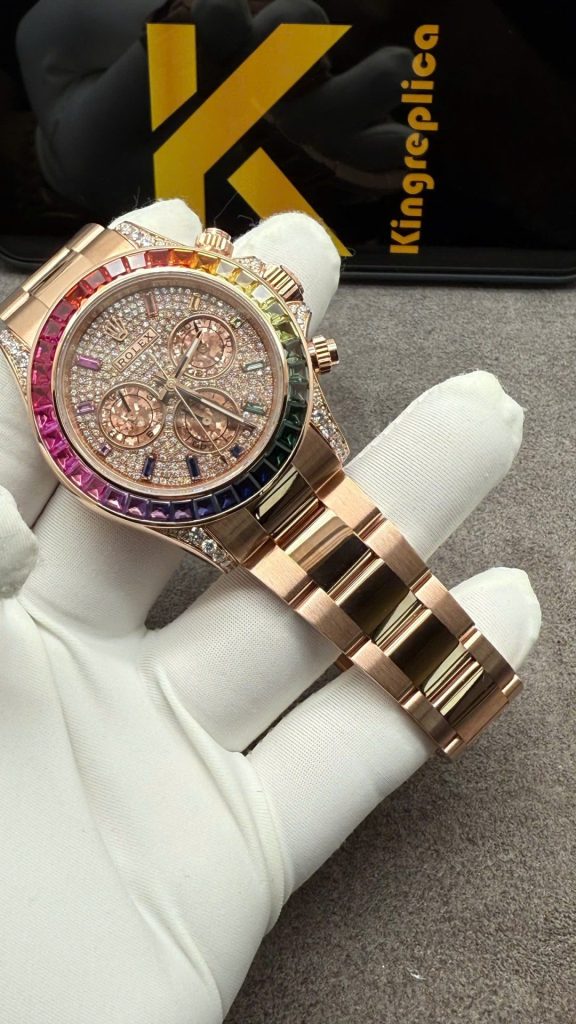 Đồng Hồ Rolex Daytona Rainbow Chế Tác Vàng Khối Đính Kim Cương Tự Nhiên 40mm (1)