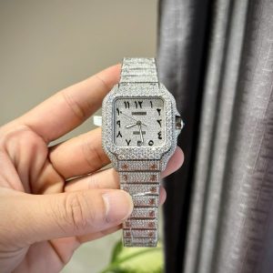 Đồng Hồ Cartier Santos Cọc Số Ả Rập Chế Tác Đính Full Kim Cương Moissanite Hong Kong 39 (2)