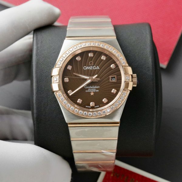 Đồng Hồ Omega Constellation Co-Axial Fake 11 Demi Vàng Hồng Mặt Nâu 38mm (2)