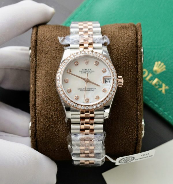 Đồng Hồ Rolex DateJust Replica 11 Mặt Khảm Xà Cừ Đính Kim Cương Moissanite Hong Kong 31mm (2)