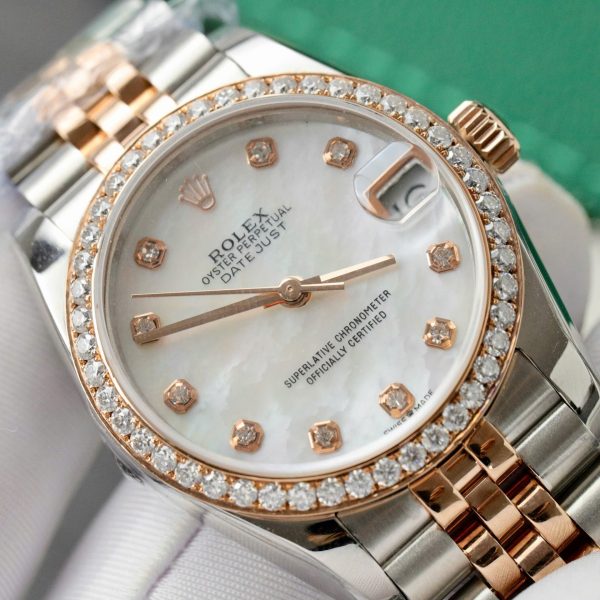 Đồng Hồ Rolex DateJust Replica 11 Mặt Khảm Xà Cừ Đính Kim Cương Moissanite Hong Kong 31mm (2)