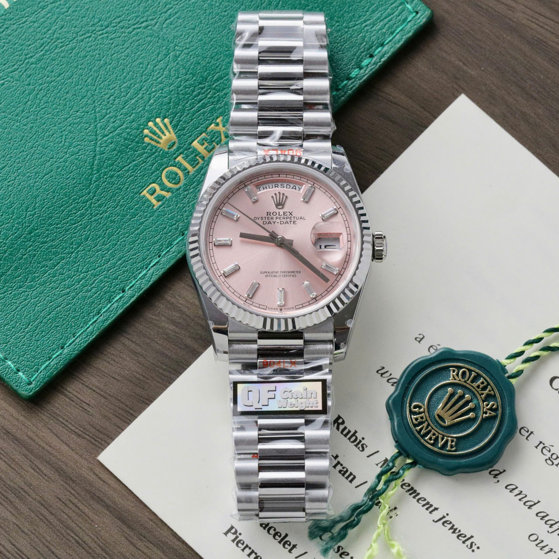 Rolex Day Date 128236 Pink Dial Replica Watch Weight 158 Grams QF Factory 36mm ng H Replica 1 1