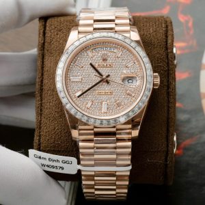 Đồng Hồ Rolex Day-Date Chế Tác Bọc Vàng Hồng 18K + Kim Cương Moissanite Baguette GMF 40mm (2)