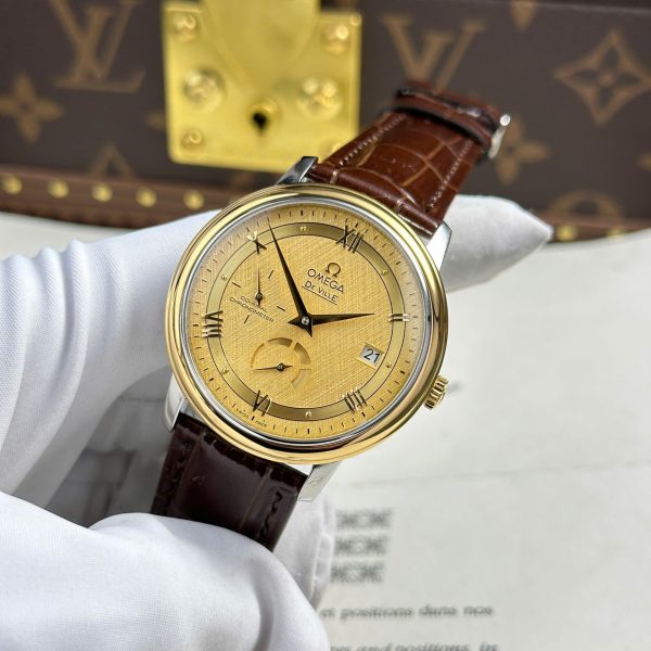 Đồng Hồ Omega De Ville Prestige Power Reserve Replica 11 Mặt Vàng Dây Da 39 (2)