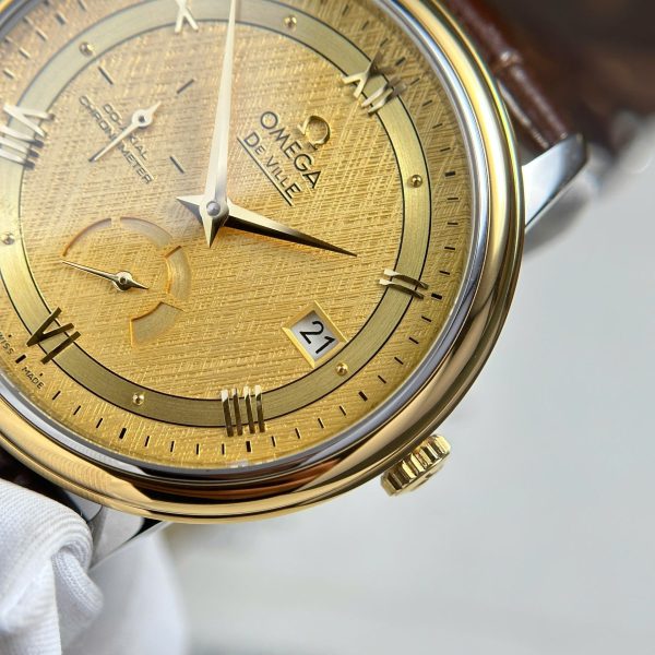 Đồng Hồ Omega De Ville Prestige Power Reserve Replica 11 Mặt Vàng Dây Da 39 (2)