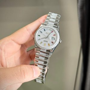 Đồng Hồ Rolex Day-Date Chếc Tác Đính Kim Cương Moissanite Cọc Số Đá 7 Màu 36mm (2)