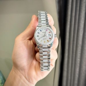 Đồng Hồ Rolex Day-Date Chếc Tác Đính Kim Cương Moissanite Cọc Số Đá 7 Màu 36mm (2)