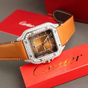 Đồng Hồ Cartier Santos Mặt Nâu Chế Tác Đính Kim Cương Moissanite Nhà Máy BV 39 (2)