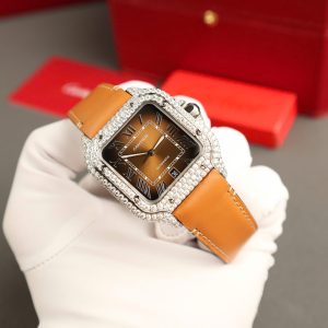 Đồng Hồ Cartier Santos Mặt Nâu Chế Tác Đính Kim Cương Moissanite Nhà Máy BV 39 (2)