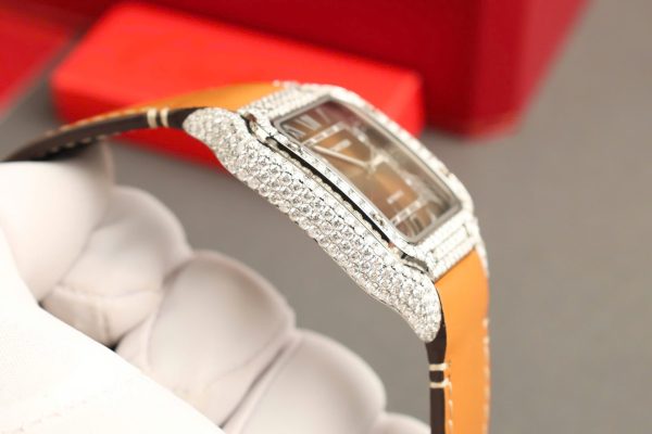 Đồng Hồ Cartier Santos Mặt Nâu Chế Tác Đính Kim Cương Moissanite Nhà Máy BV 39 (2)