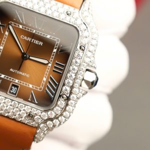 Đồng Hồ Cartier Santos Mặt Nâu Chế Tác Đính Kim Cương Moissanite Nhà Máy BV 39 (2)