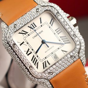 Đồng Hồ Cartier Santos Mặt Trắng Chế Tác Đính Full Kim Cương Moissanite Nhà Máy BV 39 (2)