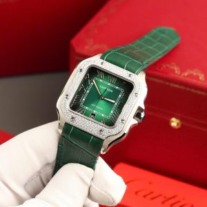 Đồng Hồ Cartier Santos Màu Xanh Lá Cây Chế Tác Đính Kim Cương Moissanite BVF 39 (2)