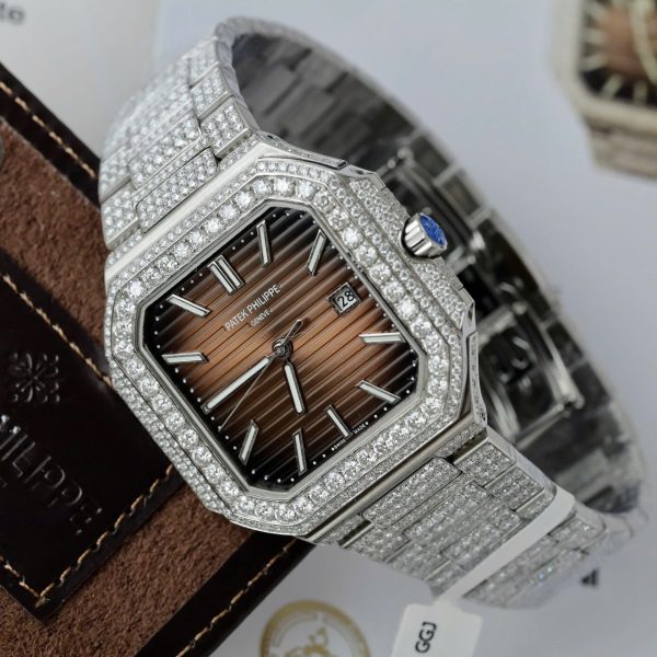 Đồng Hồ Patek Philippe Cubitus 5821 Mặt Nâu Đính Full Kim Cương Moissanite Hong Kong 45mm (7)