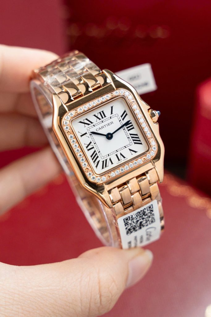 Đồng Hồ Cartier Panthere WJPN0009 Replica 11 Mạ Vàng Hồng Viền Đính Kim Cương Moissanite 27x37mm (2)
