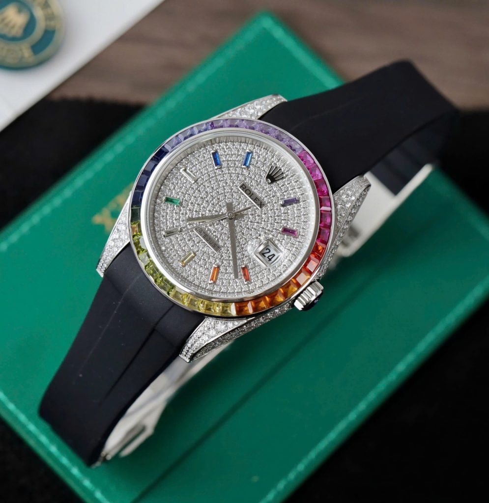 Đồng Hồ Rolex DateJust Fake 11 Đính Đá 7 Màu Dây Cao Su 41mm (2)